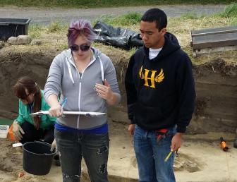 Students at an archaeological site looking at data 