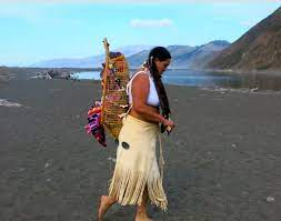 Person walking on the beach carrying a basket on their back